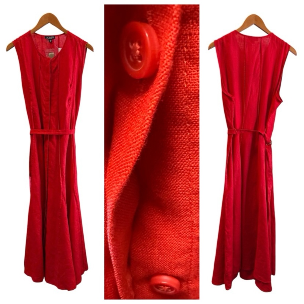 J. Crew seamed linen dress with removable belt button front Red Maxi